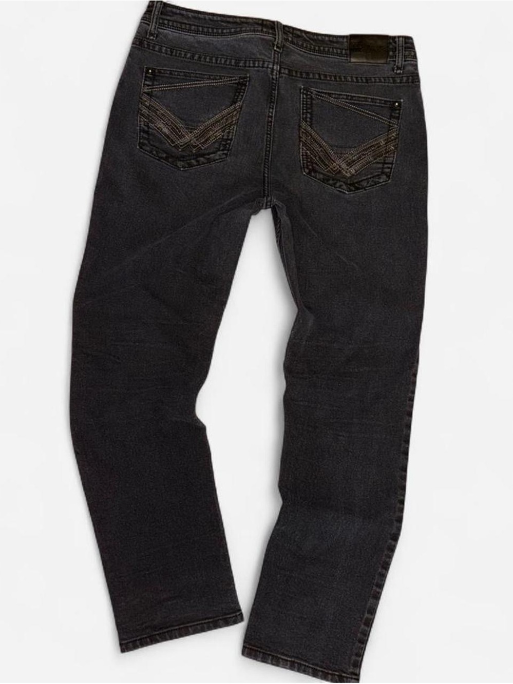 Black denim jeans with leather detail on pockets